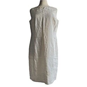 Talbots Dress Sz 16 White Ivory Linen Sheath Embroidered Beaded Sleeveless